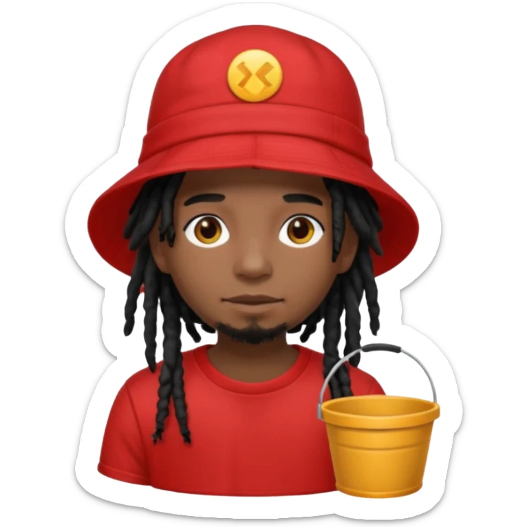 dark brown skin, black hair dreadlocks, wear red t-shirt, black bucket hat sticker