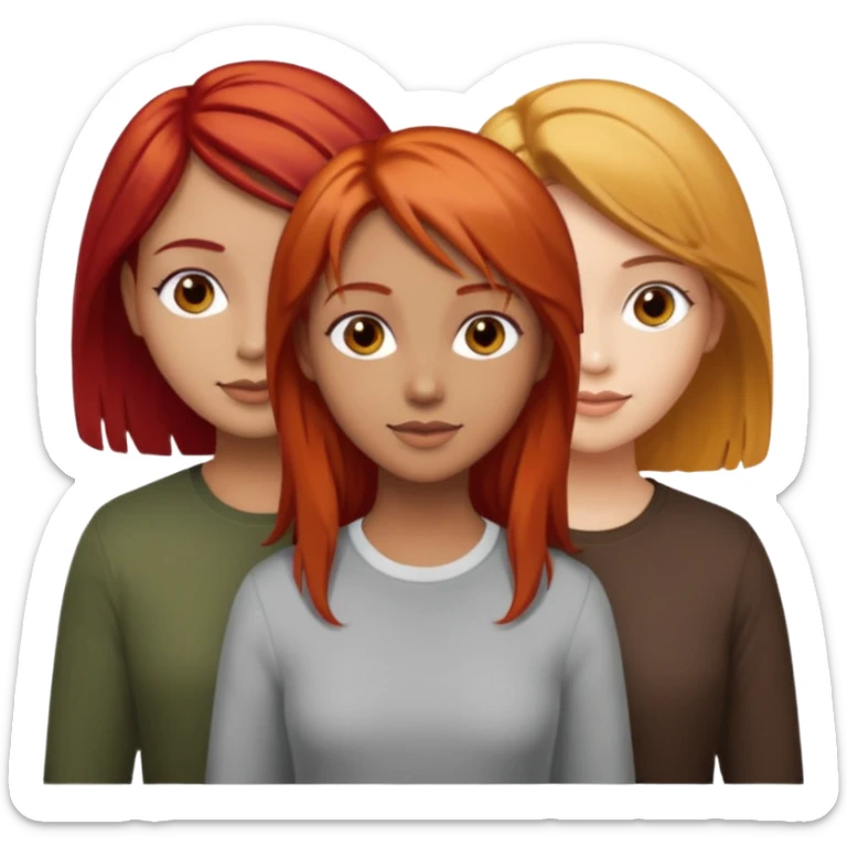 Can you create an image of 3 friends together one with red bright hair light skin one the other with brown hair with some blonde highlights in the hair fair skin the last one with light brown a tint of orange hair and dark brown hair sticker
