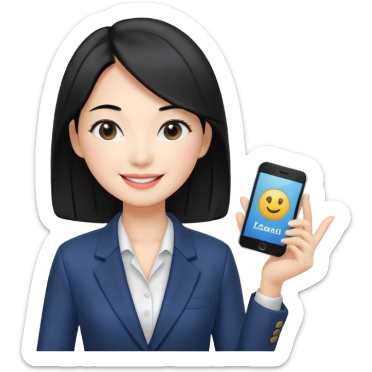 a korean cosmetics marketing expert women smiling with black hair, presenting sticker