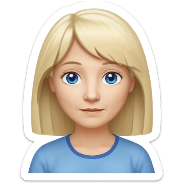 50 yr old white woman, hippie part short bangs, very long straight blond hair, oval face, small smile, blue eyes, thin face, hair downback, hair parted at center of head, round cheeks, pale, longer hair, white shirt sticker