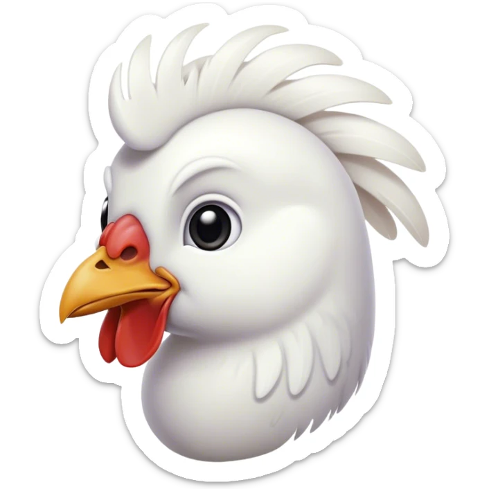 Cinematic Noble White Chicken Portrait Emoji, Poised and regal, with a compact, sturdy build and a pristine, well-groomed pure white plumage, deep-set soulful beady eyes, Simplified yet sharp and sophisticated features, highly detailed, glowing with a soft, dignified glow, high shine, intelligent and alert, stylized with an air of barnyard elegance, focused and attentive, soft glowing outline, capturing the essence of a watchful and confident fowl, so majestic it feels as though it could strut out of the screen with effortless authority! sticker