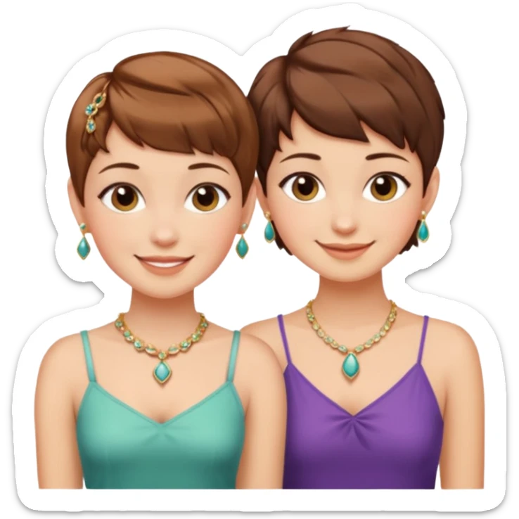 Fair skin and brown colored besties with brown hair pixie cuts wearing jewelry  both brown hair  sticker