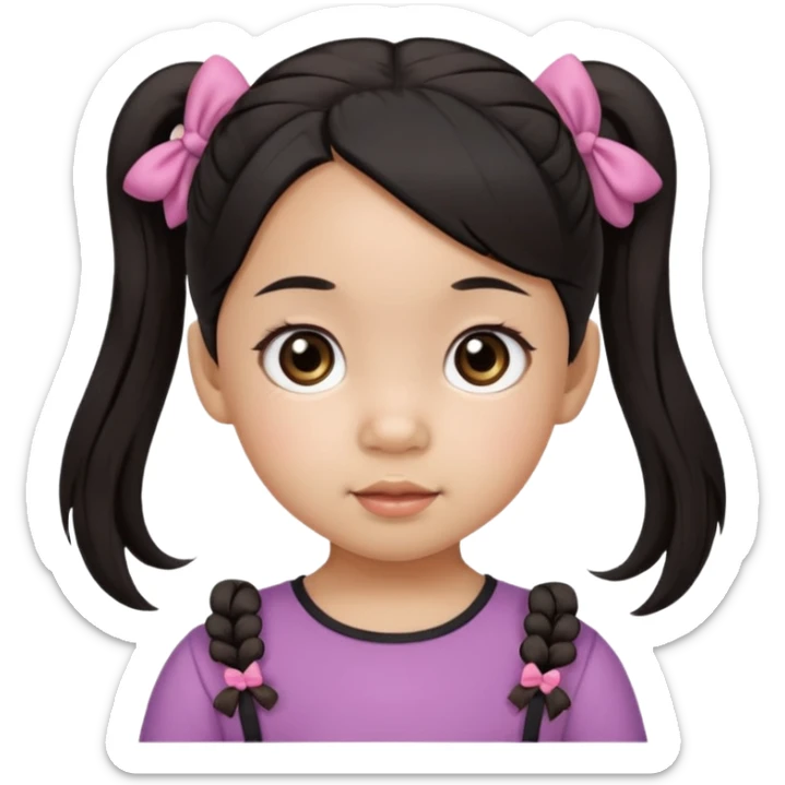 mixed toddler girl asian and american with bow pigtails, dark brown/black hair with big brown eyes emoji sticker