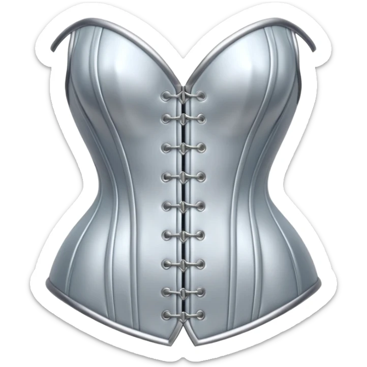 A luxury corset emoji made of silver chrome, smooth metallic curves, minimal fashion silhouette, glossy reflections, sensual high-end aesthetic, iOS emoji style, centered, clean white background sticker