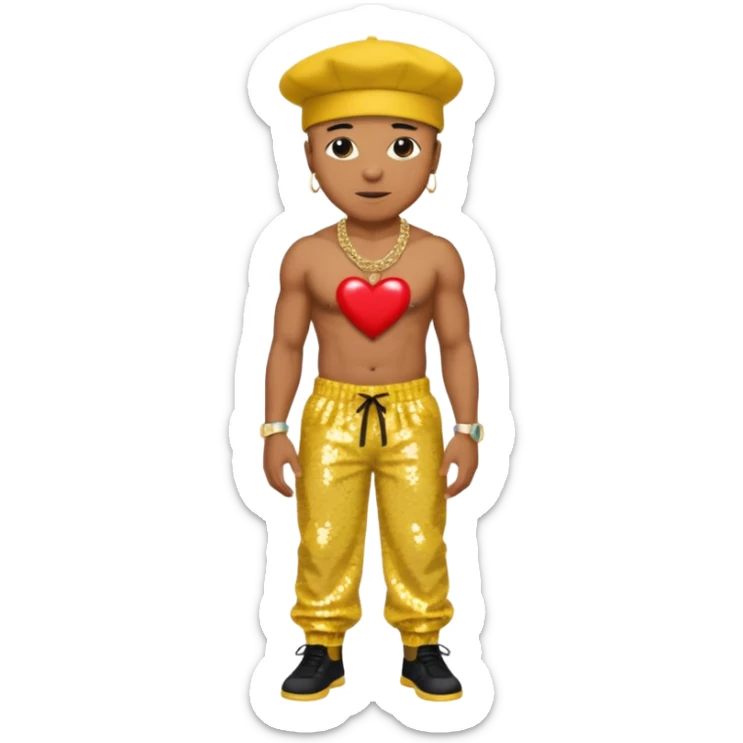 LL Cool J with yellow sequin baggy pants, shirtless with necklace with red heart, black hat sticker