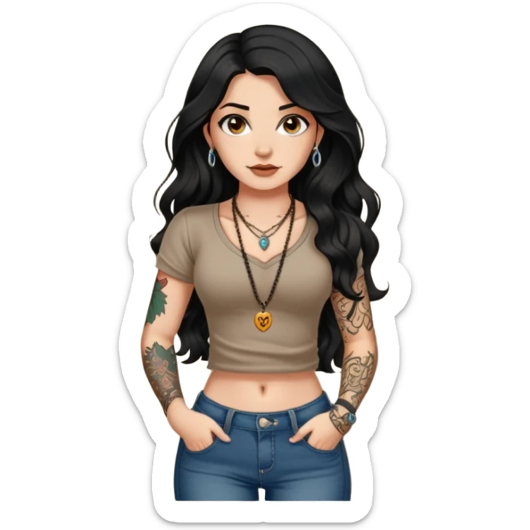 Fair skin girl - long black wavy hair - wearing a necklace - brown navel-baring short-sleeved shirt - jeans - tattoos on big arms sticker