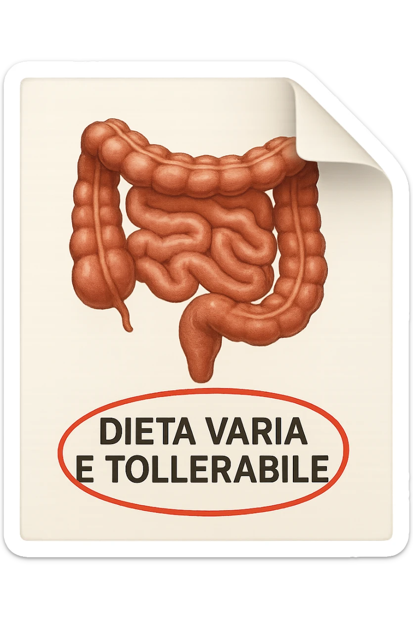emoji stile iphone di un foglio con un INTESTINO disegnatO sopra e la scritta "DIETA VARIA E TOLLERABILE" CERCHIATA IN ROSSO, iperrealistico 4k, isolato su sfondo bianco sticker