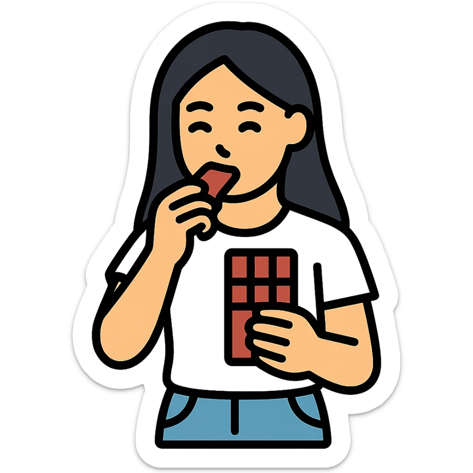 long haired Asian person eating chocolate, wearing white T-shirt and jeans sticker