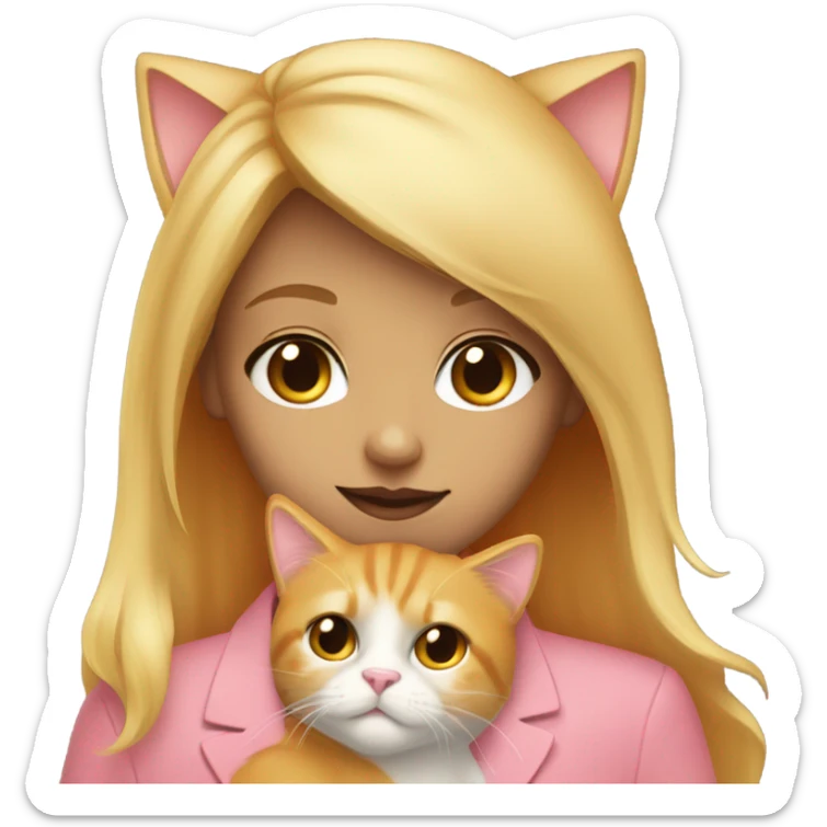 Blonde girl with brown eyes cuddling her fluffy orange tuxedo cat with gold eyes and pink nose sticker