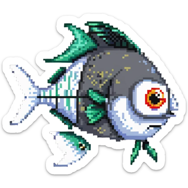cartoon fish head with crossed-out X eyes and a bone sticking out, no body sticker