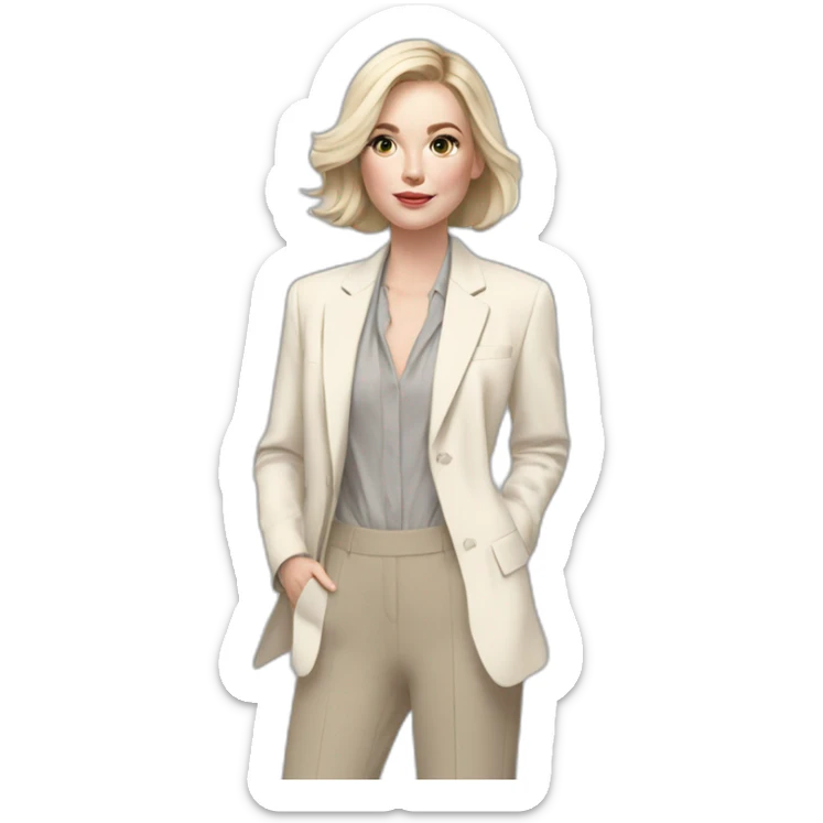 pale skin woman with ash blonde Straightened bob Hair, White Spacious classical jacket, beige palazzo Arrow pants and gray blouse holding a color palettes in the hands sticker
