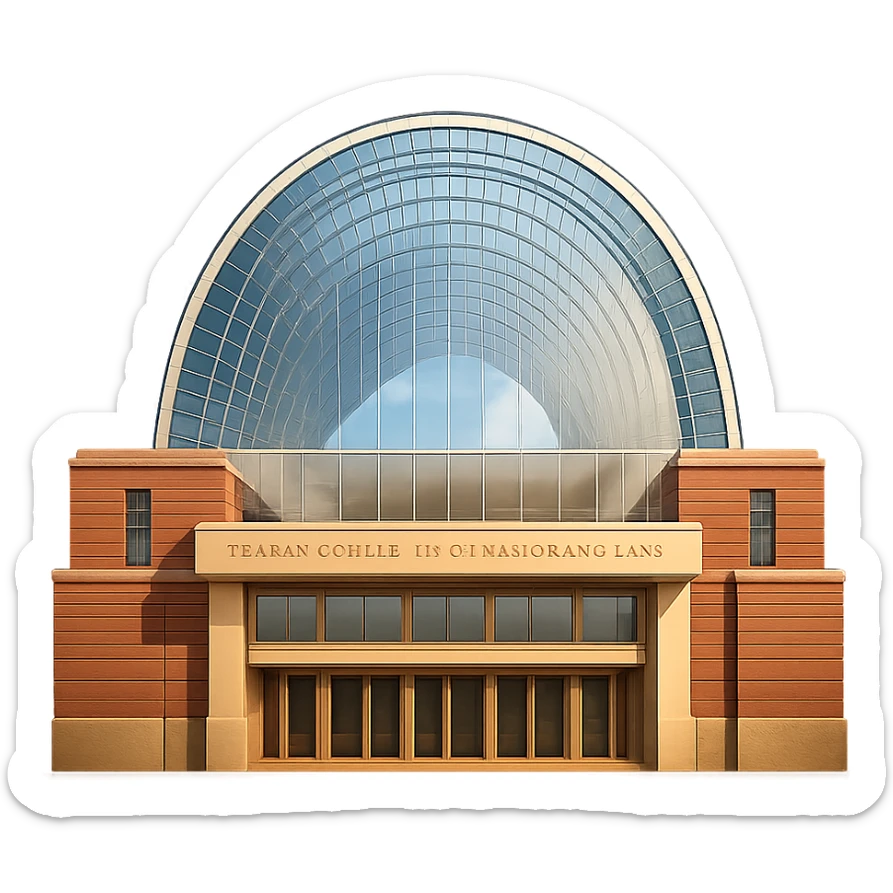 cinematic, realistic emoji of the Kimmel Center for the Performing Arts in Philadelphia, Pennsylvania, straight-on perspective, featuring its iconic glass barrel-vaulted roof and modern architecture, lifelike detail, bright regal lighting as on a sunny day, accurate building colors sticker