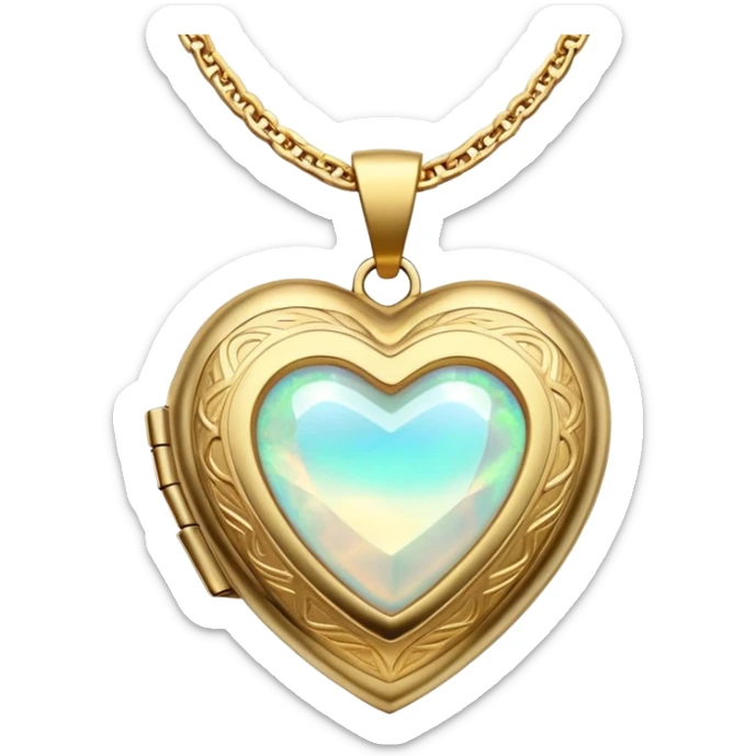 Heart shaped golden locket with opal gem in the middle of it full necklace   sticker