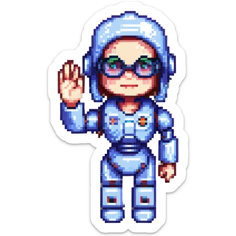 shoulders-up portrait of a cute female recruiter robot, 8-bit pixel art style, metallic, talking, one hand in the air, with glasses sticker