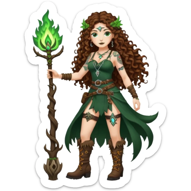 full body view of a woman with long curly brown hair, brown eyes, white skin, tattoos, wearing a forest witch outfit with high boots and rune belt, casting green flame from her hand sticker