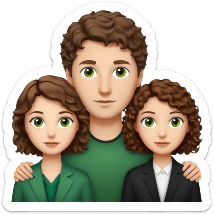 White Man in the middle with brown hair and green eyes, women next to him with short brown hair with slight waves, taller women on right side with shoulder length curly hair and brown eyes sticker