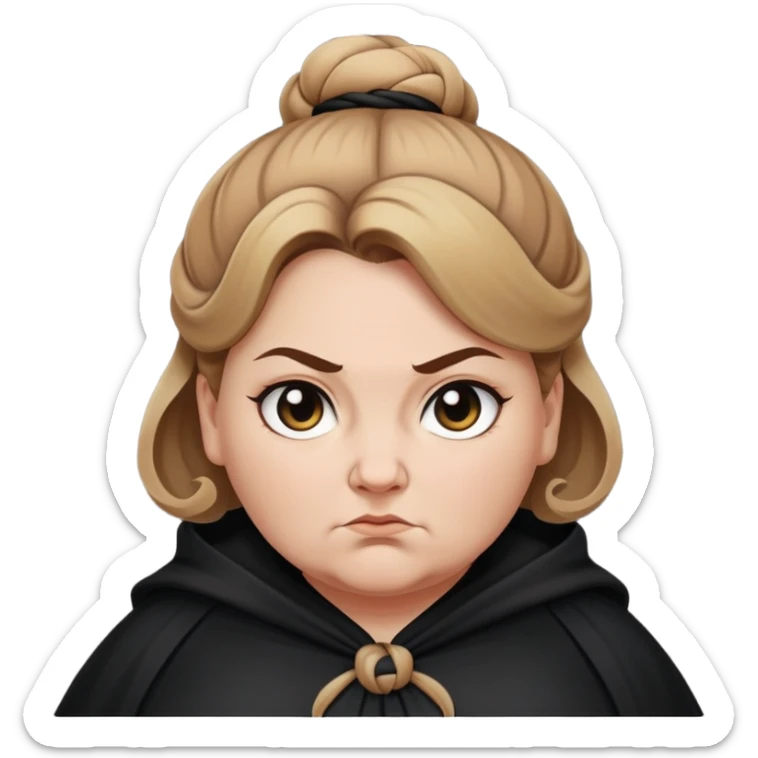 Alecto Carrow in harry potter, a white fat woman , one knot bun light brown hair, look evil, black cloak sticker