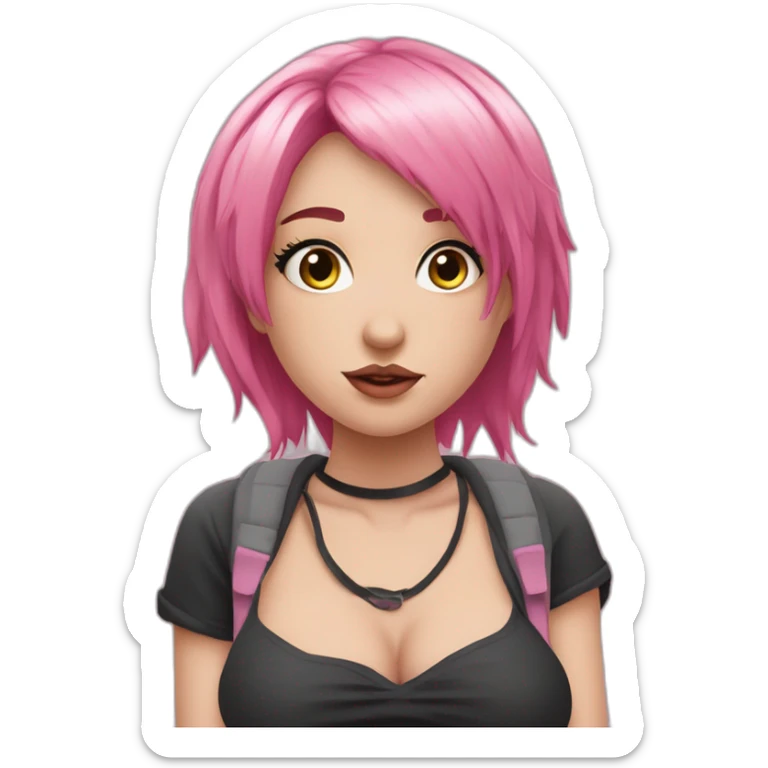 full  body Front view curvy emo girl pink hair sits on the floor straight view hands up черная юбка белые трусики рваные полосатые чулки sticker