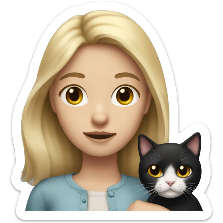 Girl with dirty blonde hair holding a black and white cat  sticker