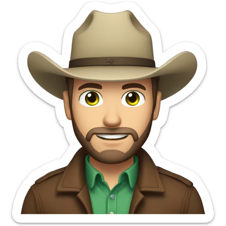 Caucasian male with green eyes, short hair, a dark beard dressed as a cowboy sticker