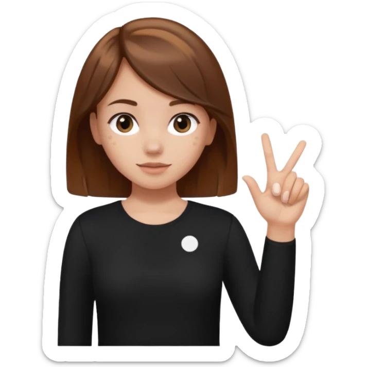 girl wearing a  black polka white dots  shirt style, and poiting witgh her hand, her hair brown  sticker