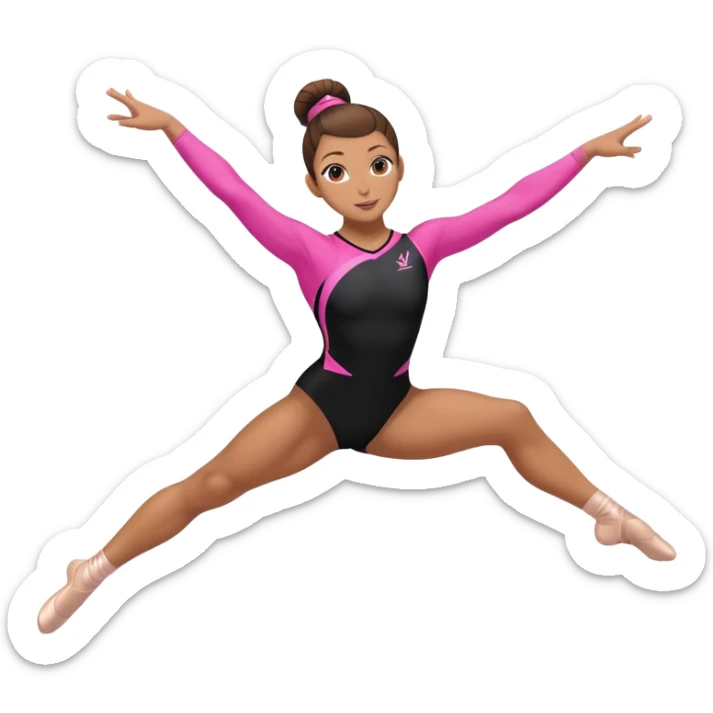 A female gymnast with brown hair in a neat bun, wearing a black uniform with pink elements, performing an acrobatic move. A female gymnast with brown hair in a neat bun, wearing a black uniform with pink elements, performing an acrobatic move. sticker