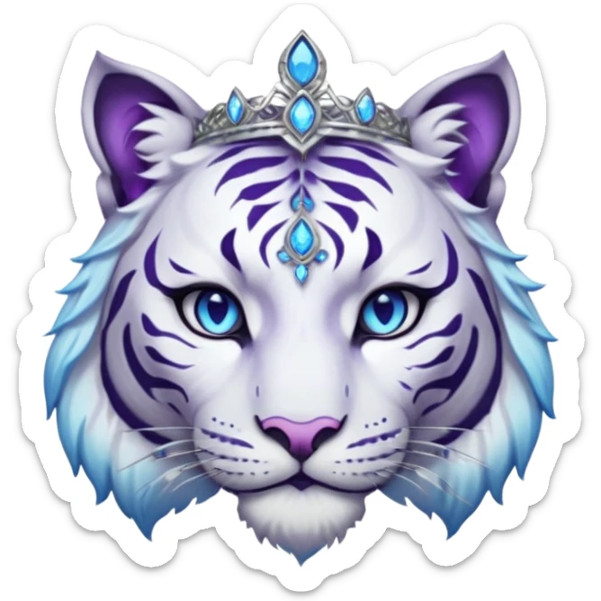 ESO Female white/black tiger khajiit leader of the umbral rose, glowing blue eyes, glowing blue 'third eye' gem; beautiful purple gemmed silver tiara sticker