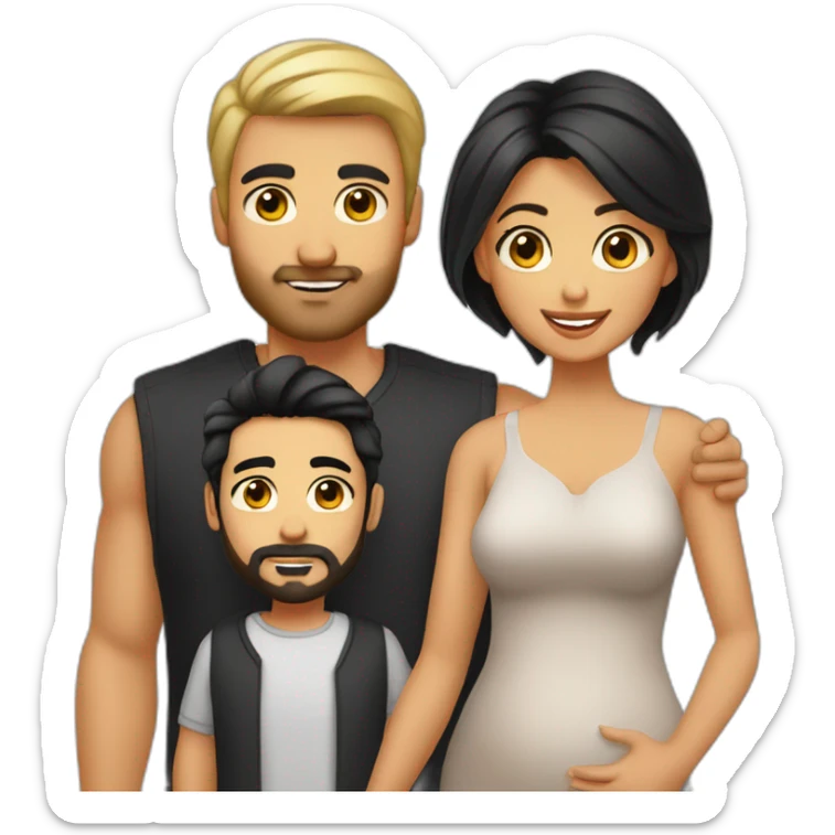 A family of a tanned male dad with black hair modern style and beard and his wife rounded face blonde hair and dark eyes and there is a baby sticker