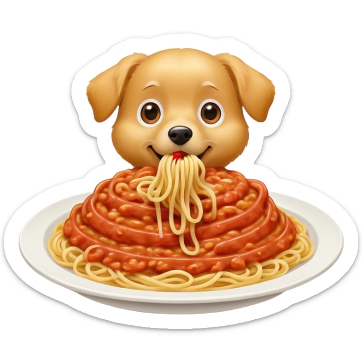 A cheerful cartoon dog happily eating a plate of spaghetti, with a few noodles hanging from its mouth, big sparkly eyes, and a wagging tail. The background is simple and minimalistic, focusing on the dog and the pasta. sticker