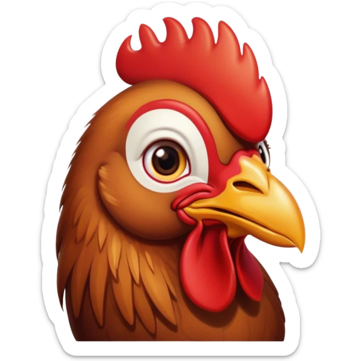 Cinematic Cute Brown Rooster Portrait Emoji, Head tilted playfully and inquisitively, featuring a glossy, immaculate brown plumage with a vibrant red comb, round, sparkling warm eyes filled with curiosity, Simplified yet irresistibly adorable features, highly detailed, glowing with a warm, friendly glow, high shine, affectionate and spirited, stylized with a touch of farmyard whimsy, bright and endearing, soft glowing outline, capturing the essence of a mischievous yet loving rooster, so playful it feels like it could strut out of the screen and into your arms! sticker