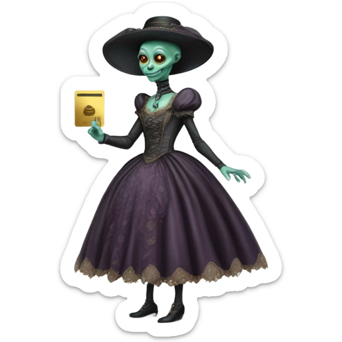 alien galora in Victorian dress elegant, full body, holding big credit card sticker