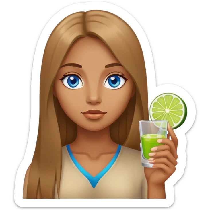 tan woman, long light brown straight hair, blue eyes, holding a shot with lime sticker