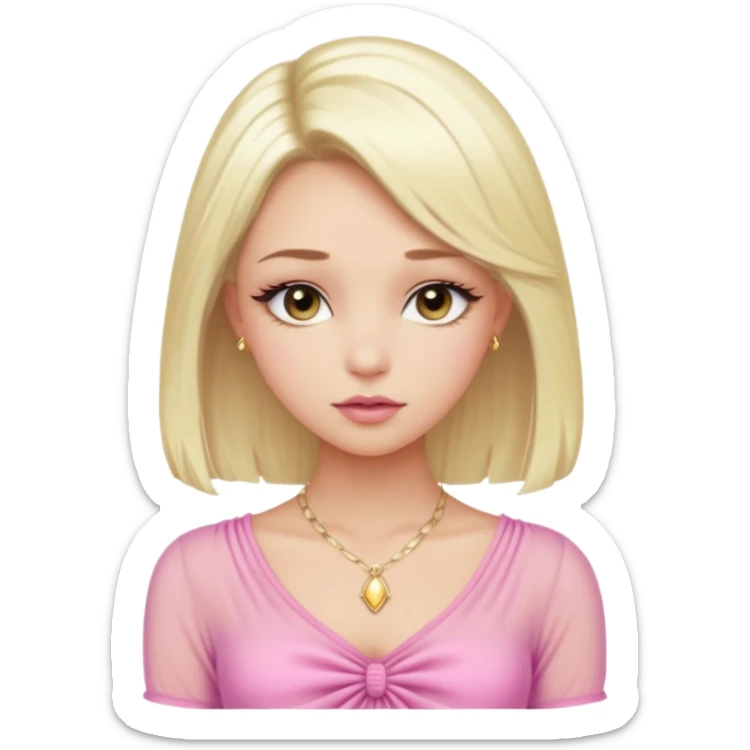 Girl with a platinum-blonde beauty with sleek, waist-length hair, flawless skin, fluttery lashes, and pouty lips-dressed in a sheer pink ruched top that ties in the center, glowing softly under the car lights with a dainty gold necklace completing her dreamy, doll-like look. sticker