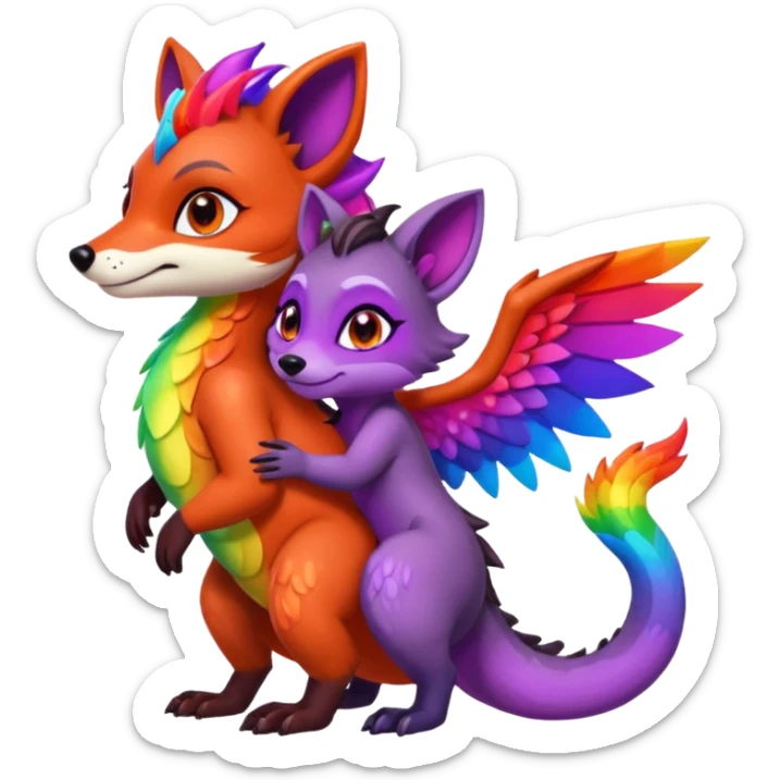 black female raccoon dragon hybrid with rainbow colored wings and purple eyes giving a big hug to a red female fox dragon hybrid with rainbow colored wings and orange eyes sticker