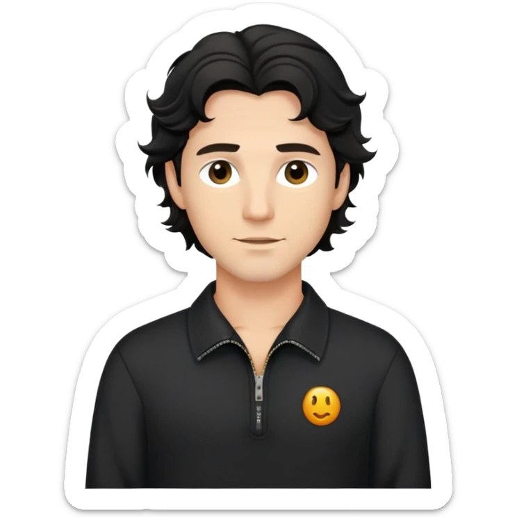 Caucasian man with black wavy hair wearing a loose-fitting long sleeve black shirt with collar and zip to the chest sticker