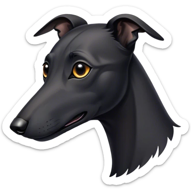 Cinematic Noble Black Greyhound Portrait Emoji, Poised and regal, with a lean, graceful build and a sleek, jet-black Fur, deep-set soulful dark eyes, Simplified yet sharp and sophisticated features, highly detailed, glowing with a soft, dignified glow, high shine, intelligent and swift, stylized with an air of elegance, focused and attentive, soft glowing outline, capturing the essence of a watchful and commanding racer, so majestic it feels as though it could sprint out of the screen with effortless authority! sticker