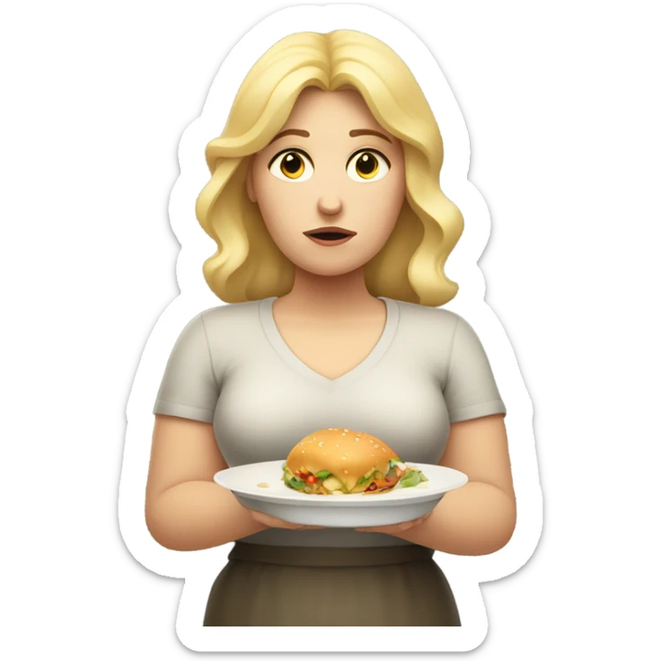 a sad overweight blondie woman with a plate of food sticker
