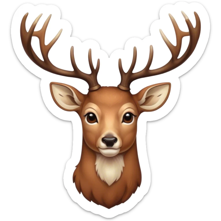 Cinematic Noble Deer Portrait Emoji, Poised and regal, with a graceful, slender build and a dappled coat of warm browns and creams, elegant antlers crowning its head, deep-set soulful gentle eyes, Simplified yet sharp and sophisticated features, highly detailed, glowing with a soft, dignified glow, high shine, intelligent and serene, stylized with an air of forest majesty, focused and attentive, soft glowing outline, capturing the essence of a watchful woodland guardian, so majestic it feels as though it could gracefully leap out of the screen with effortless authority! sticker