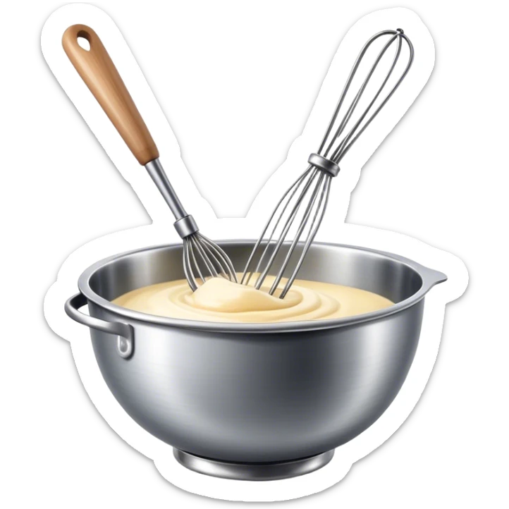 Cinematic Realistic Whisk & Mixing Bowl, a well-used metal whisk resting in a smooth ceramic mixing bowl, light reflecting off the whisk’s polished surface, subtle smears of batter along the rim, glowing with a sense of warmth and creativity. sticker