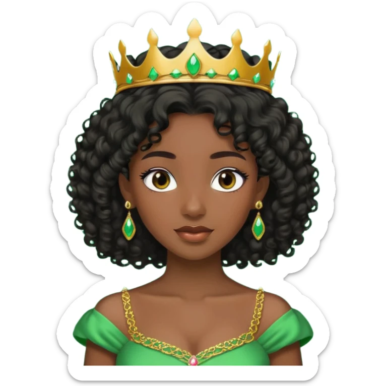 balck princess with black curly hair and a golden tiara. Green dress sticker