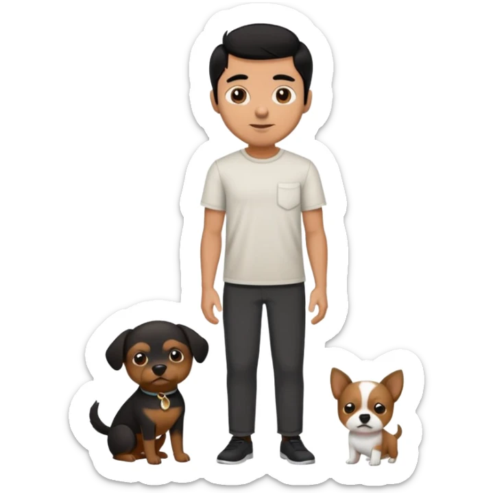 Mexican man with black hair and brown eyes wearing a shirt and black pants, holding a small white dog with one brown ear sticker