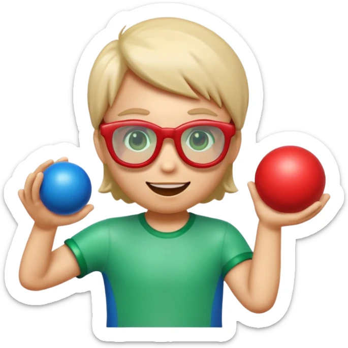 Cute 3D cartoon emoji sticker of a three-glass and ball game, glossy plastic texture, green red and blue glasses, soft lighting, smooth shadows, playful look, white sticker outline, transparent background, high resolution.” sticker