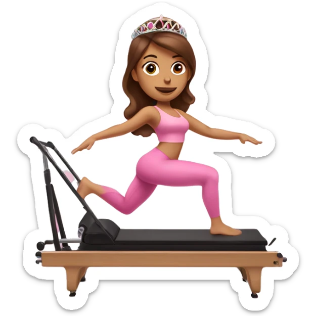 Latina girl with brown hair doing Pilates on reformer with pink tiara sticker