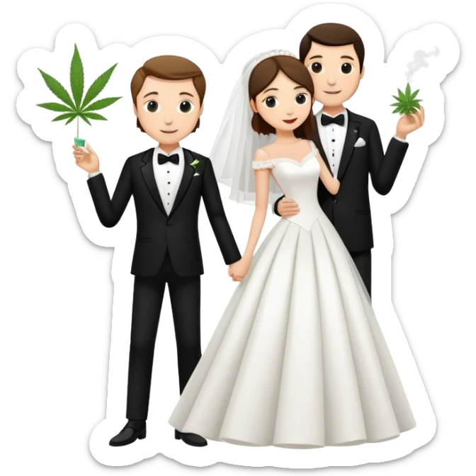 A bride in white wedding dress and groom in tuxedo, full body, sharing cannabis, wedding couple, different pose sticker