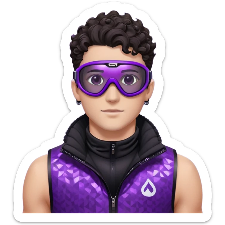 close-up of male athlete with white skin and moderately curly dark brown hair on top with shaved sides, wearing ski goggles with purple frames and very dark black lenses, a simple plain black chain necklace, and a completely unzipped sleeveless vest with purple and black sequin fire pattern design with no logo, frame centered on face and upper chest sticker