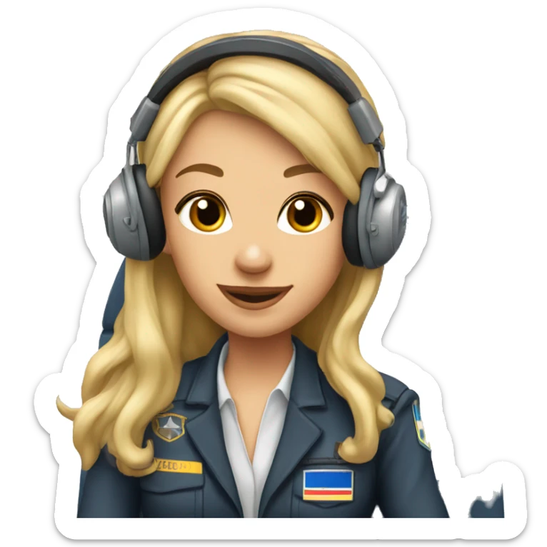 Blonde beautiful Pilot girl with long hair and headset sitting in the pilot cabin  sticker