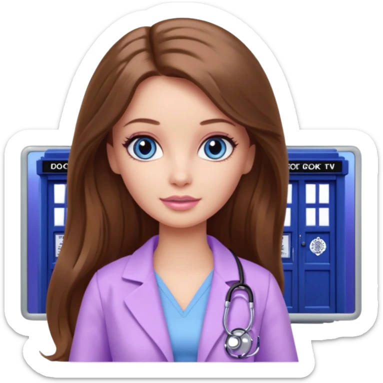 beautiful barbie girl with long brown hair, blue eyes and wearing light purple clothes watching tv show doctor who sticker
