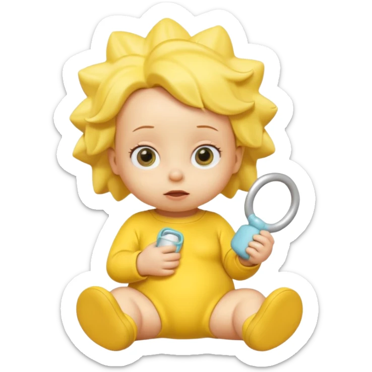 A 3D cartoon baby character entirely yellow, yellow skin, styled like Maggie Simpson, with pacifier, yellow onesie, big eyes, smooth shading, Memoji-style rendering, consistent with other yellow Simpsons characters. sticker