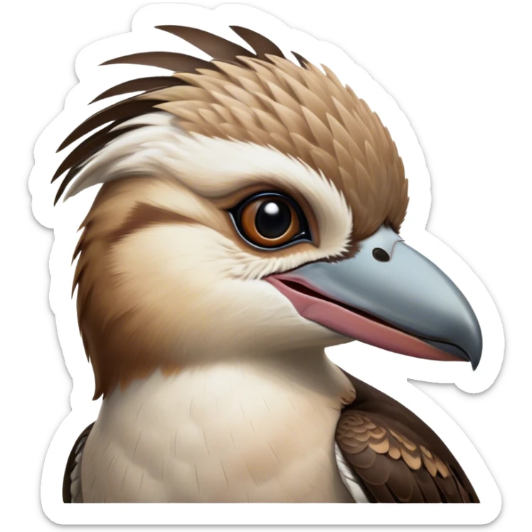 Cinematic Noble Kookaburra Portrait Emoji, Poised and regal, with a stout, robust build and a striking plumage of earthy browns and creams, a strong beak and deep-set soulful eyes, Simplified yet sharp and sophisticated features, highly detailed, glowing with a soft, dignified glow, high shine, intelligent and exuberant, stylized with an air of native woodland majesty, focused and attentive, soft glowing outline, capturing the essence of a watchful and confident bird, so majestic it feels as though it could laugh out of the screen with effortless authority! sticker