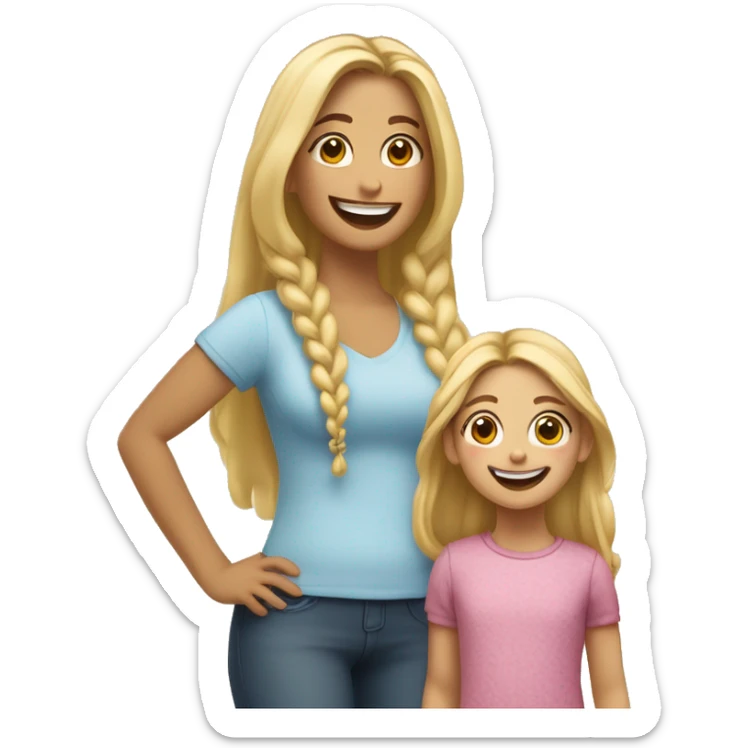 An emoji of a blonde mother with very long hair and a cheerful expression, standing next to her 3-year-old daughter, a small girl with black hair styled in two braids, both smiling happily together sticker